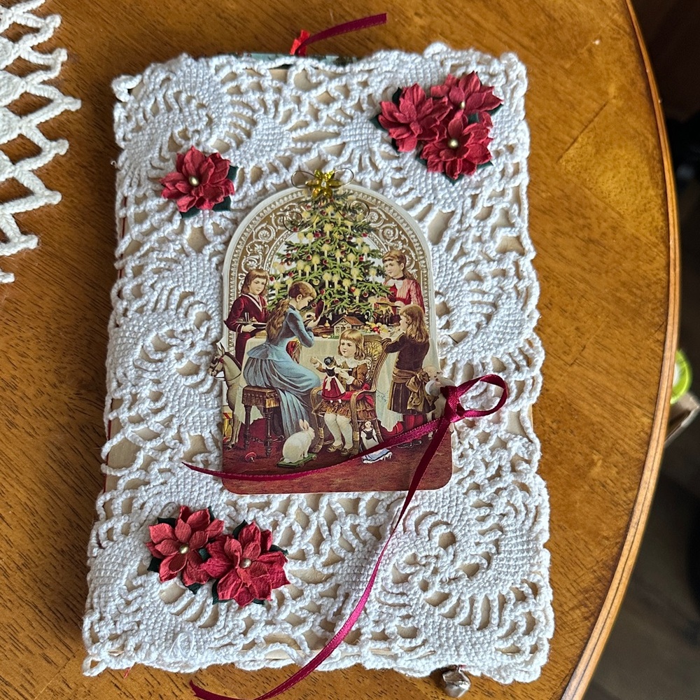 Handmade Junk Journal White Crochet w Holiday Card and Red Poinsettia Accents